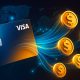Visa card with digital stablecoin tokens flowing across global network