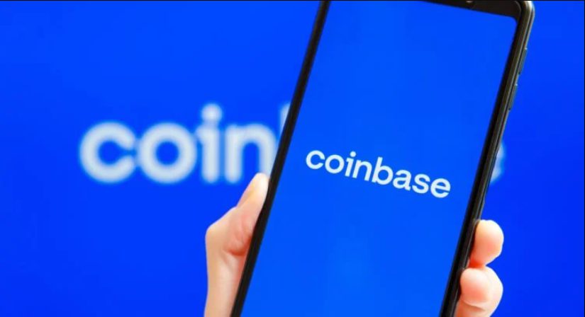 Coinbase logo on phone and background