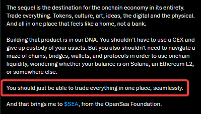 Post excerpt showing SEA token integration and "trade everything" vision