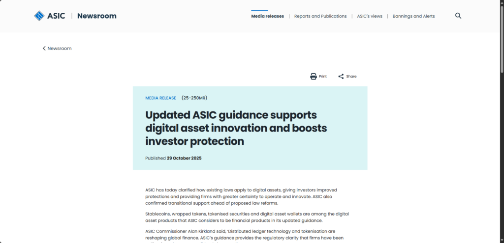 ASIC media release announcing updated guidance on digital asset innovation and investor protection