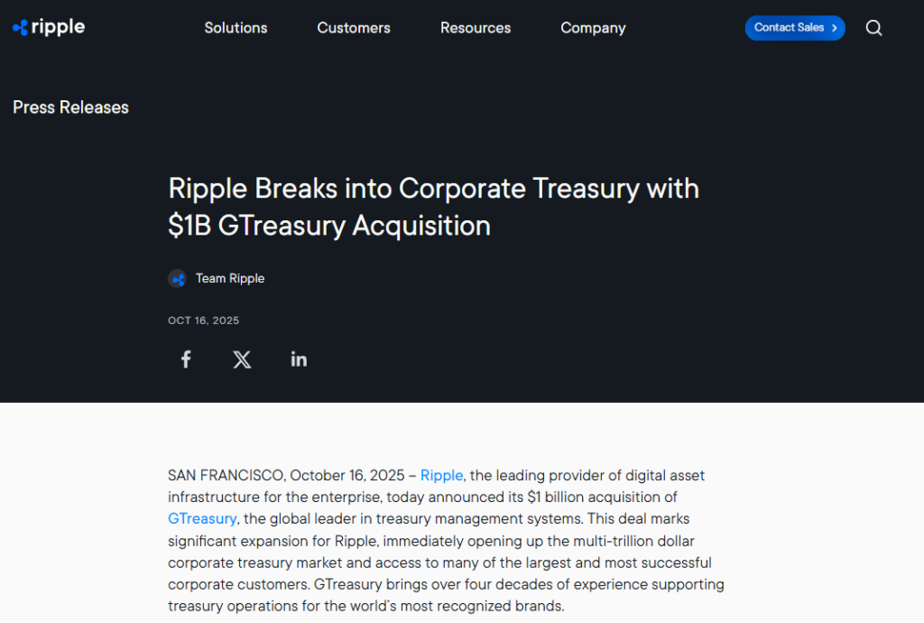 Comunicado de prensa oficial de Ripple sobre la adquisición de GTreasury