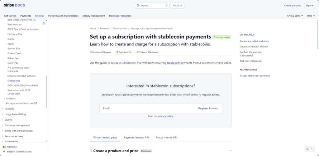 Stripe documentation page for setting up subscription with stablecoin payments