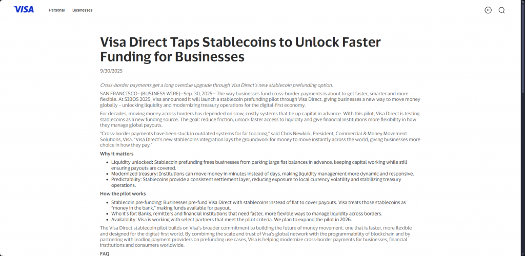 Visa Direct stablecoin business funding announcement