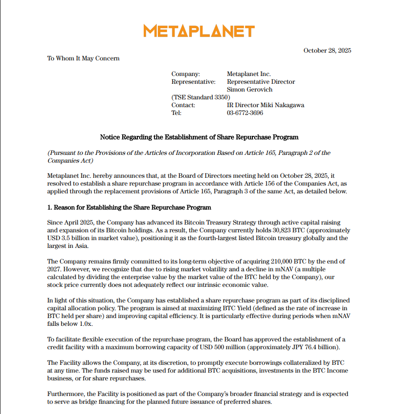 Official Metaplanet notice document showing share repurchase program establishment details