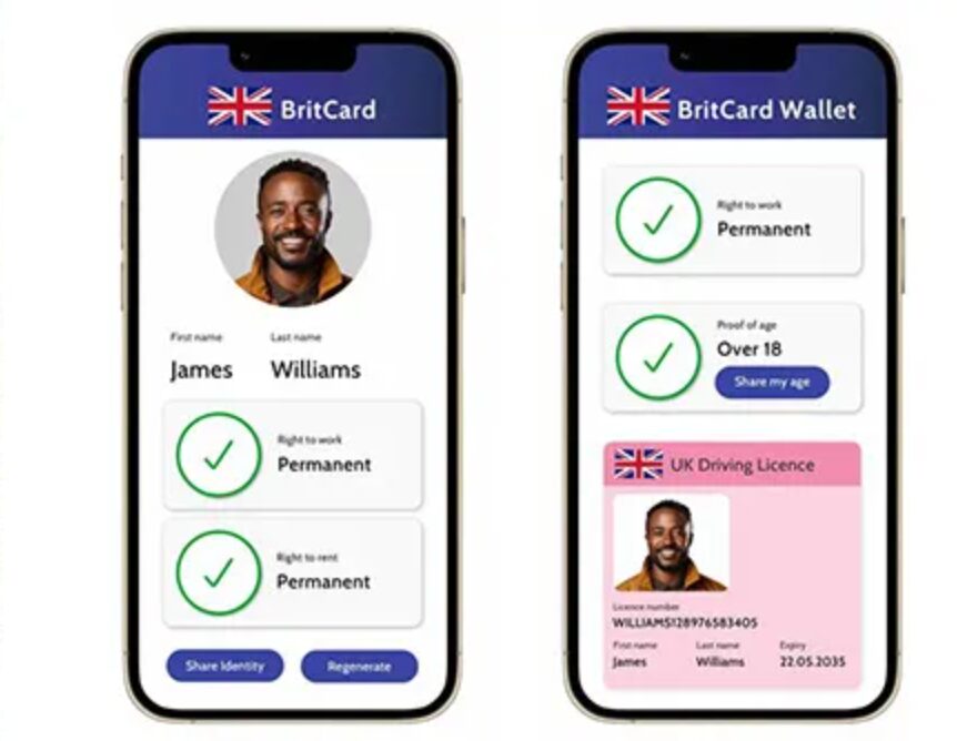 BritCard interface showing verification screens
