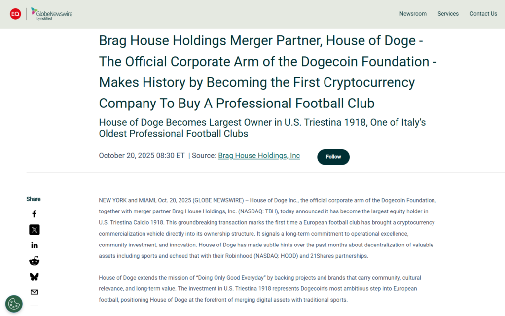 Official press release announcing House of Doge acquisition
