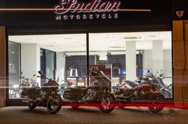 Indian Motorcycle dealership storefront with bikes on display