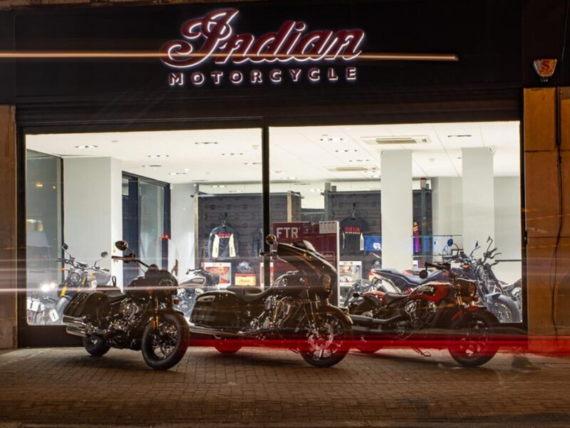 Indian Motorcycle dealership storefront with bikes on display