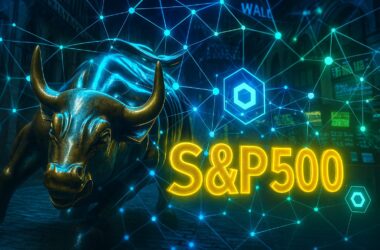 Wall Street bull merging with blockchain network and S&P tokenized index visualization