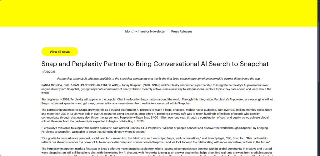 Snap and Perplexity partnership announcement press release