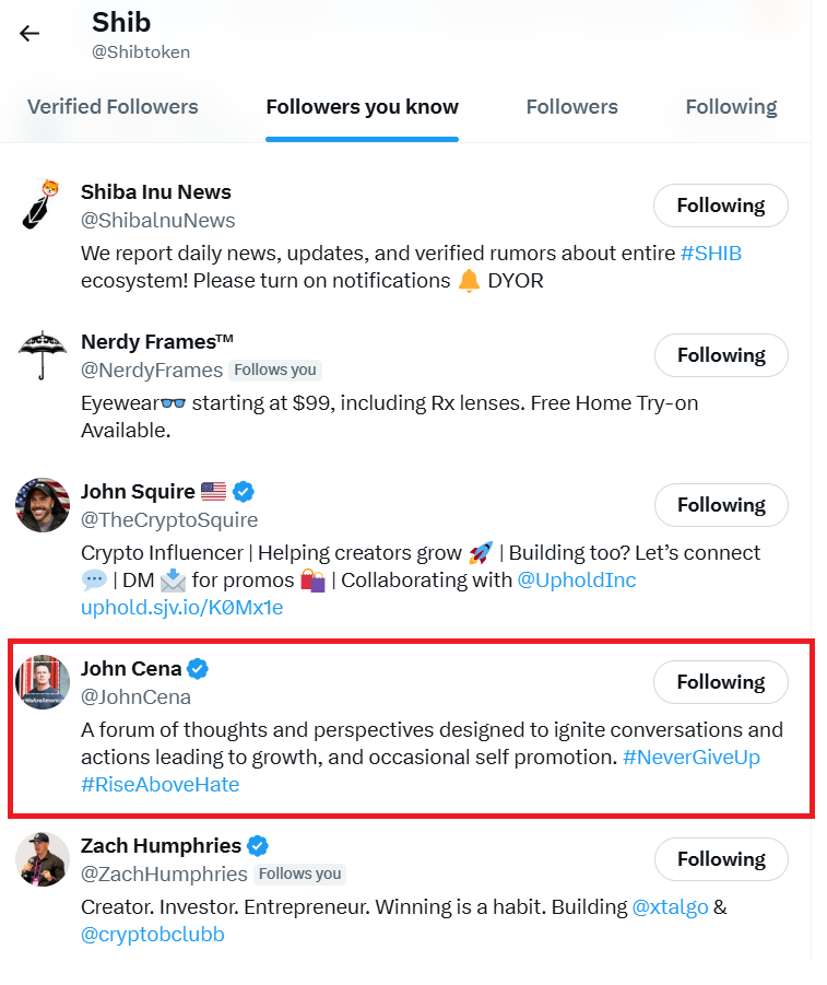 wwe superstar john cena following shiba inu shib token twitter x