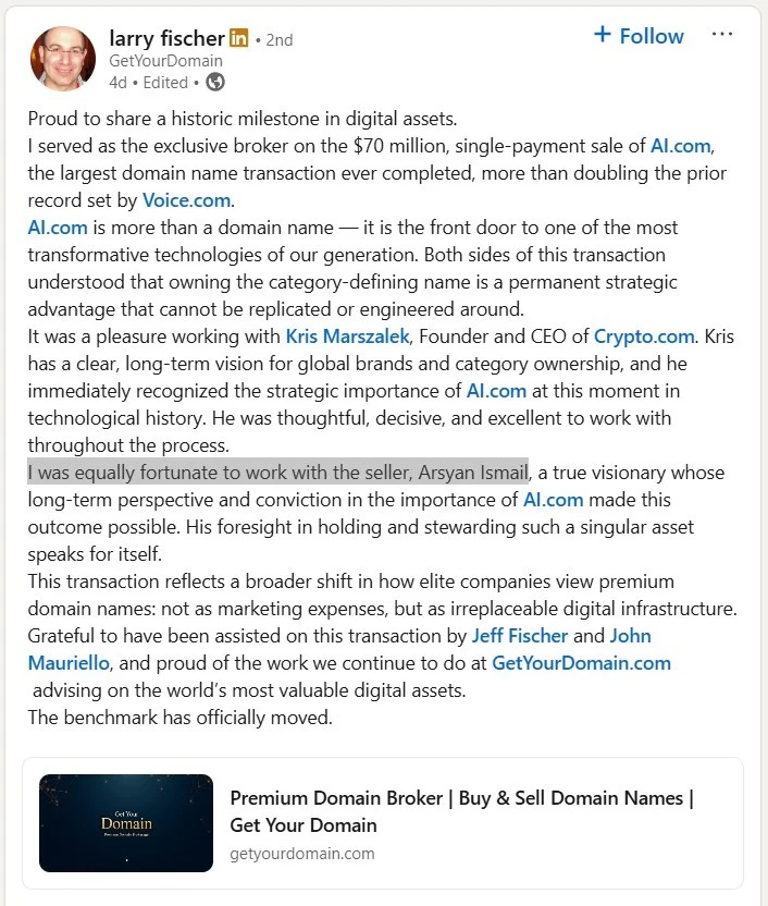 larry fisher linkedin post ai.com sale