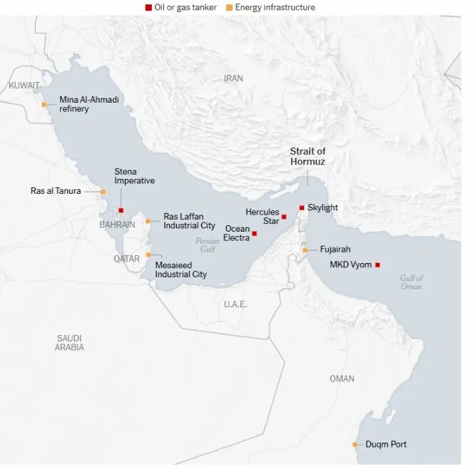 damaged ships and energy facilities across the Gulf region